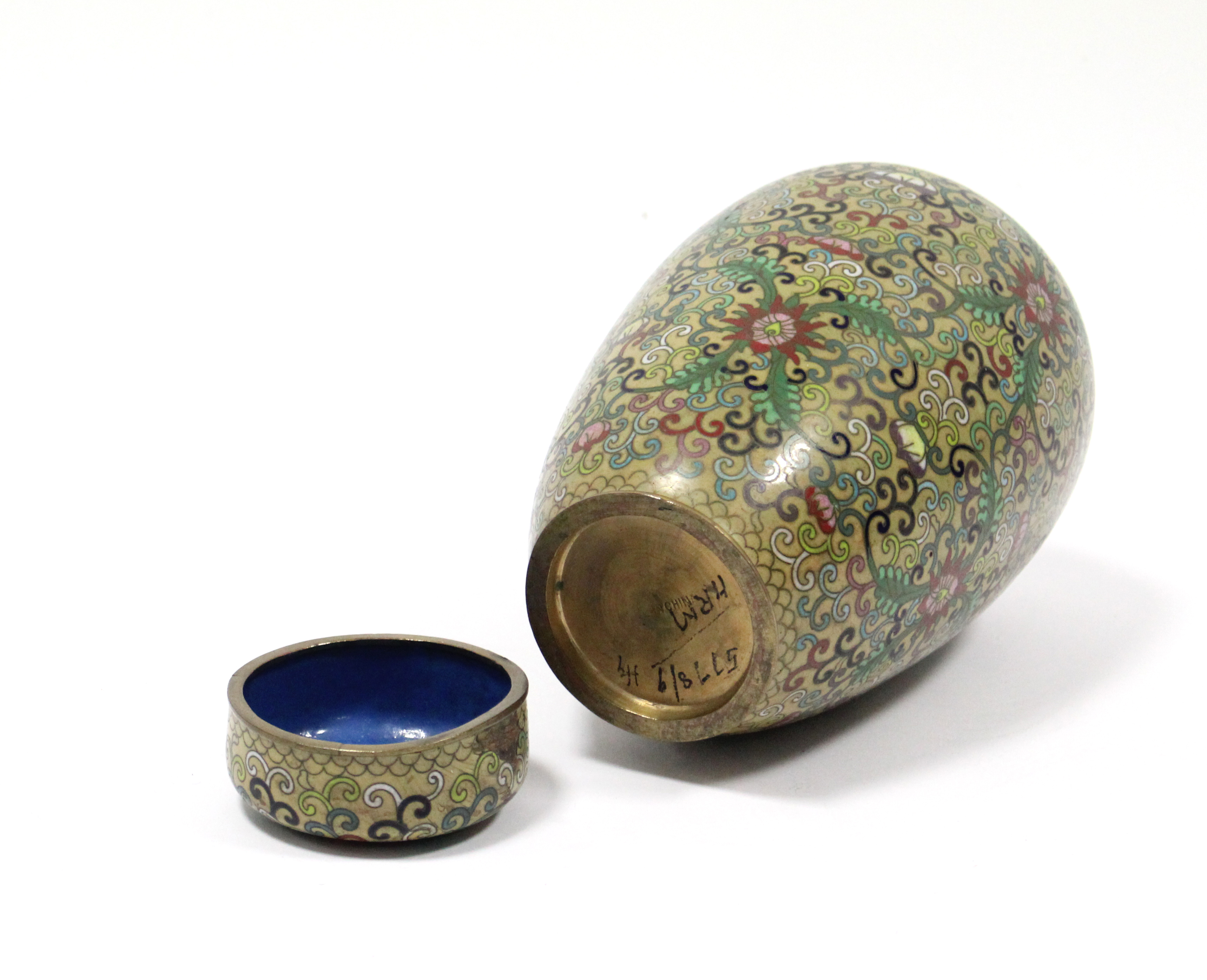 A late 19th/early 20th century Chinese cloisonné ovoid vase with stylised scrolling foliate design - Image 3 of 3