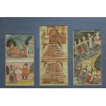 Three 19th century Indian paintings on silk of figures in a formal garden: 7½” x 4”, a ceremonial