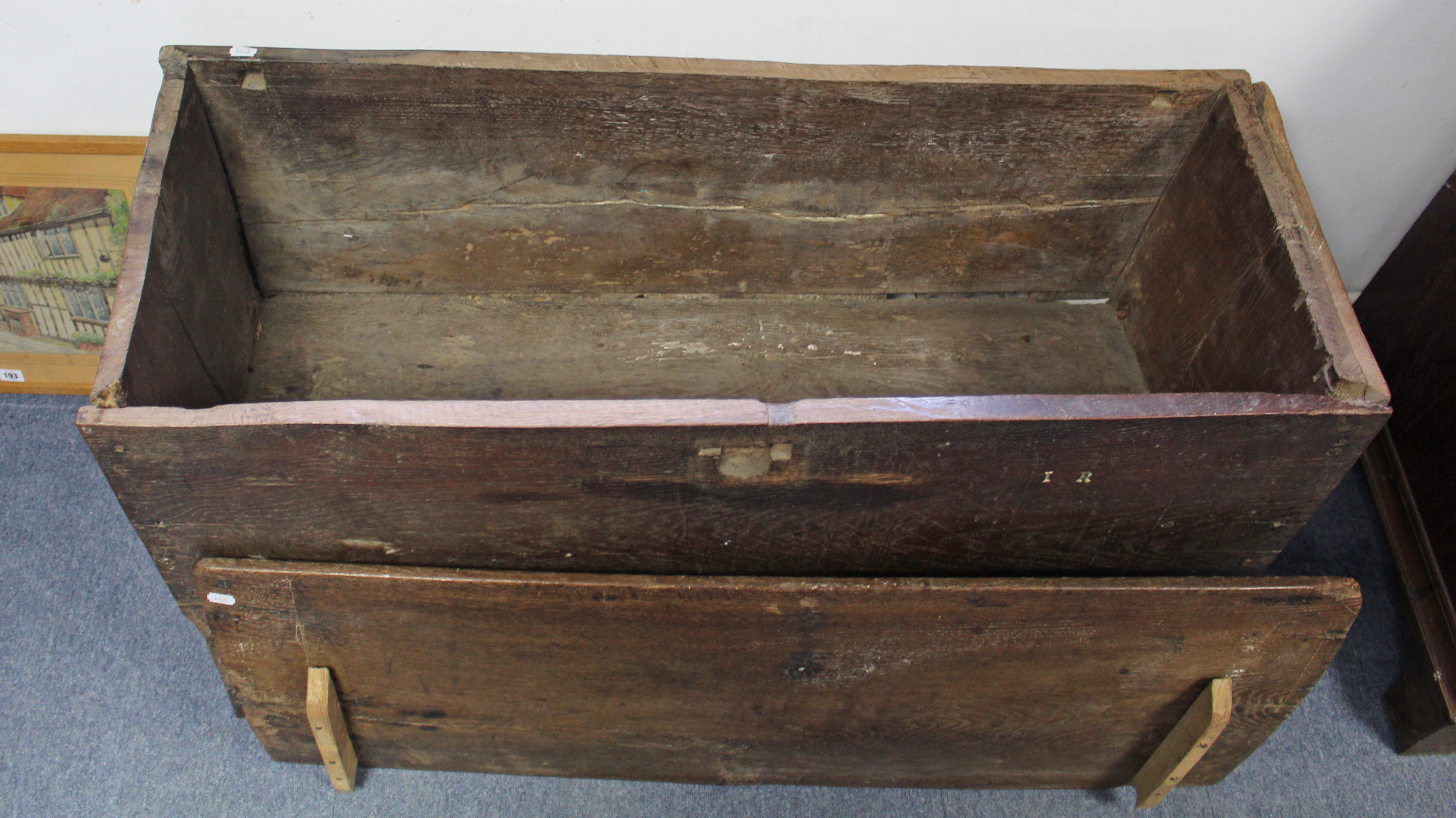 An early 18th century elm coffer of six-plank construction, the lift-lid with moulded edge; 43” wide - Image 5 of 5