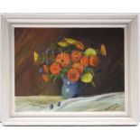 K.E.A. CROZIER (early/mid 20th century). A still life study titled “Marigolds”. Signed; oil on