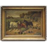 ENGLISH SCHOOL, 19th century. A farmyard scene with animals to the fore, a hunting party beyond. Oil