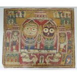 Three Indian devotional scroll paintings, the largest: 15” x 18”; a Tibetan(?) large pictogram chart