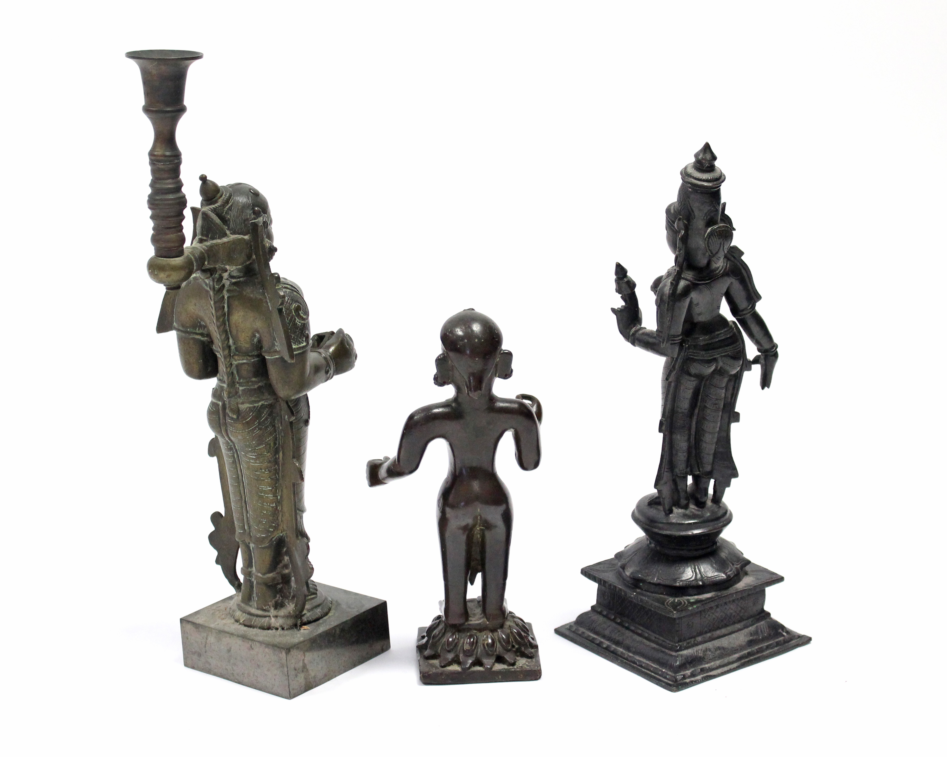 Two Indian bronze standing deities, 12½” & 8¾” high; & a similar candlestick figure, 15”. - Image 2 of 2