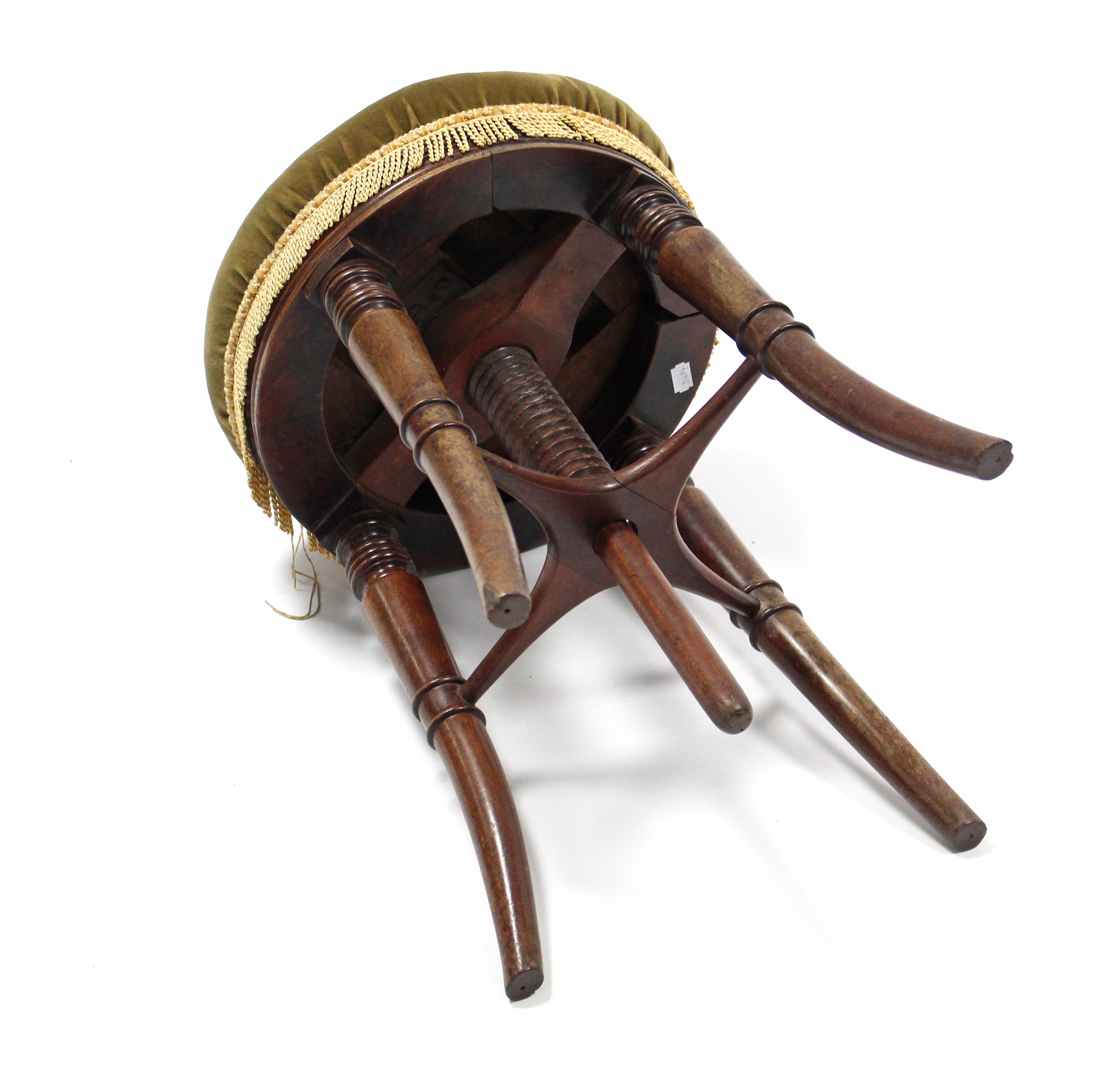 An early Victorian mahogany adjustable piano stool with padded circular seat on central screw, & - Image 3 of 3
