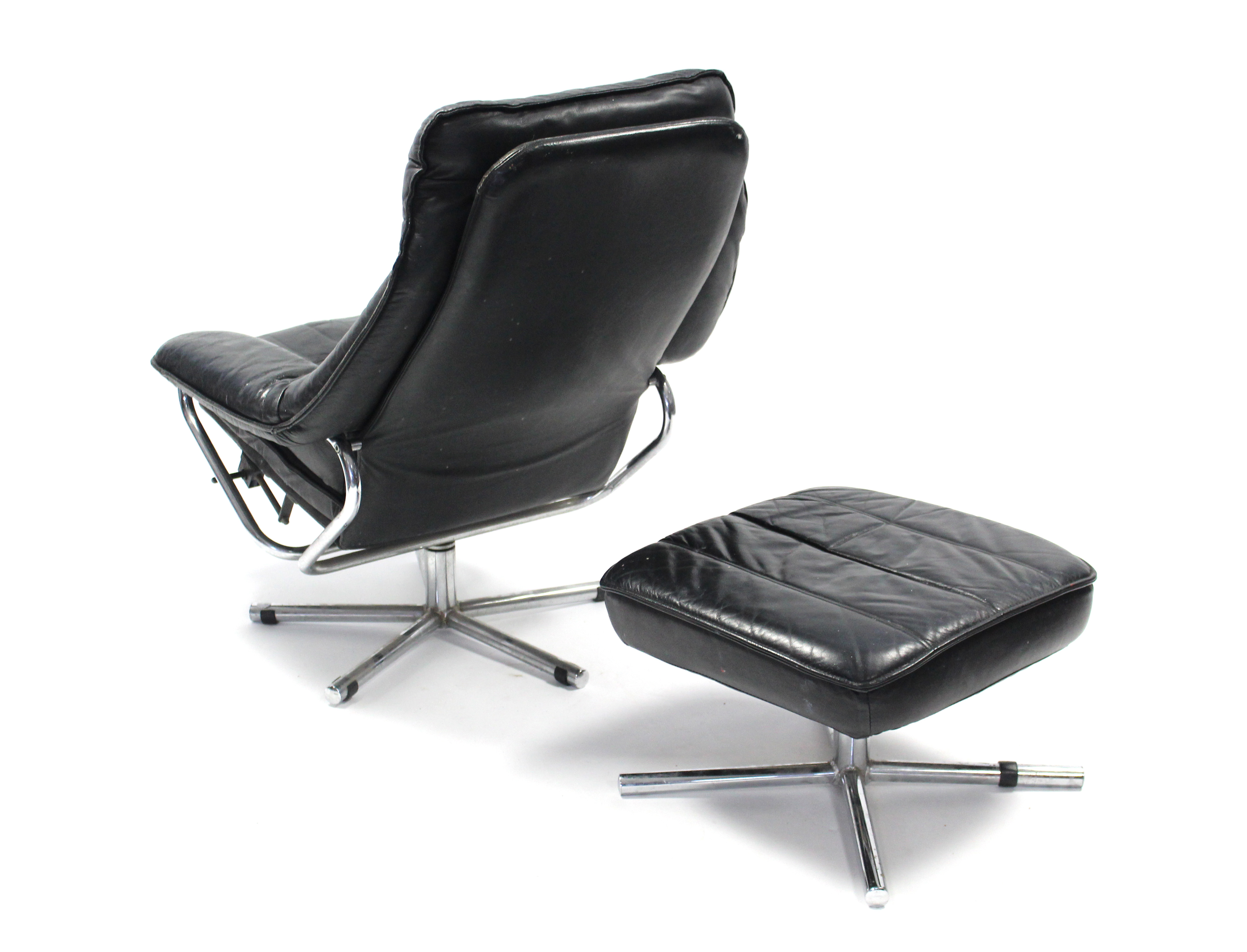 A ‘Skoghaug Industries’ of Norway black leather reclining easy chair & matching footstool, with - Image 3 of 6