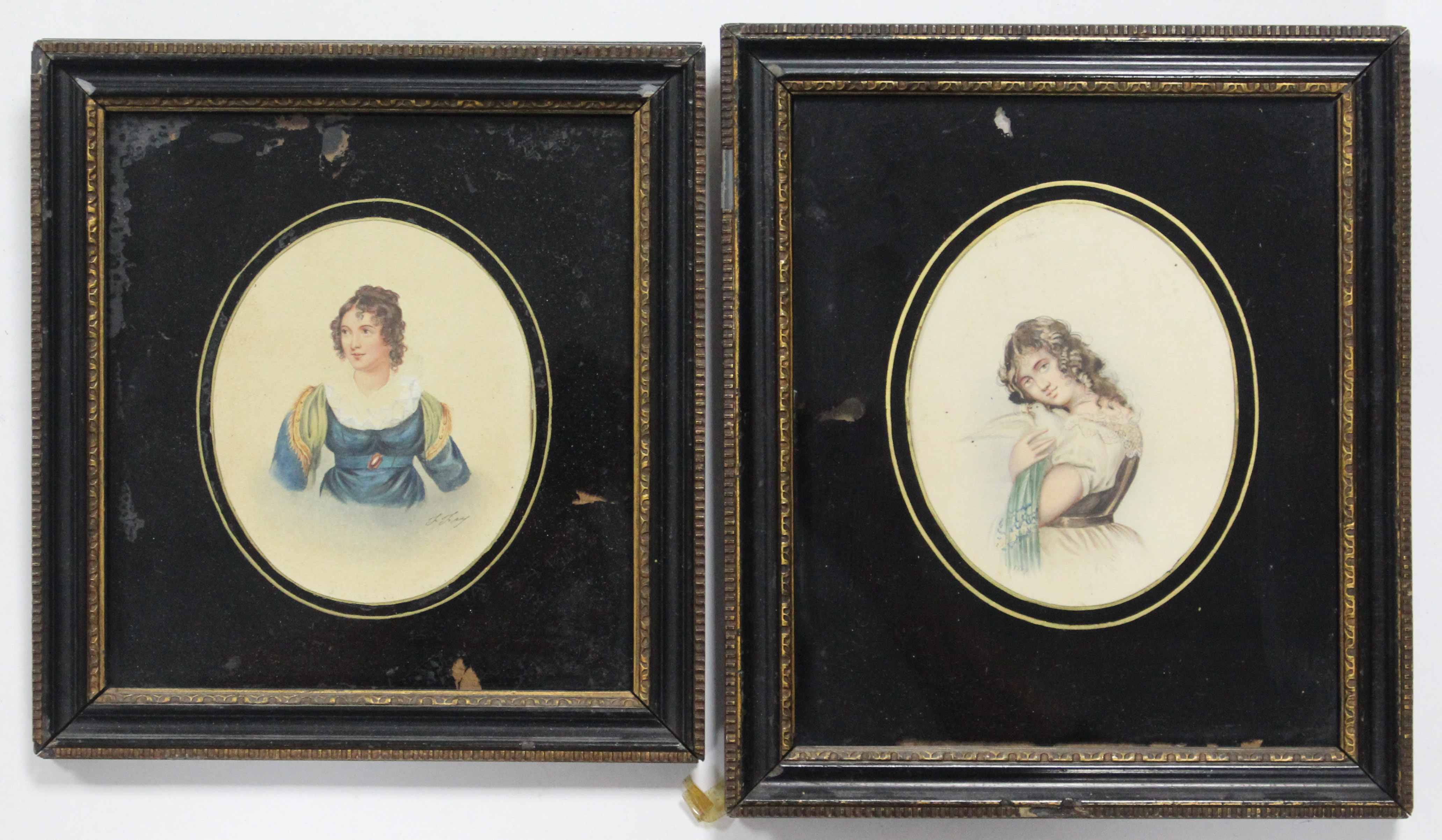 A 19th century portrait of a young lady holding a dove, signed F. Fry, watercolour: 4¾” x 3¾” (