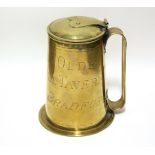 A 19th century engraved brass tankard “Ye Olde BULL TAVERN, BRADFORD”, with hinged lid & loop
