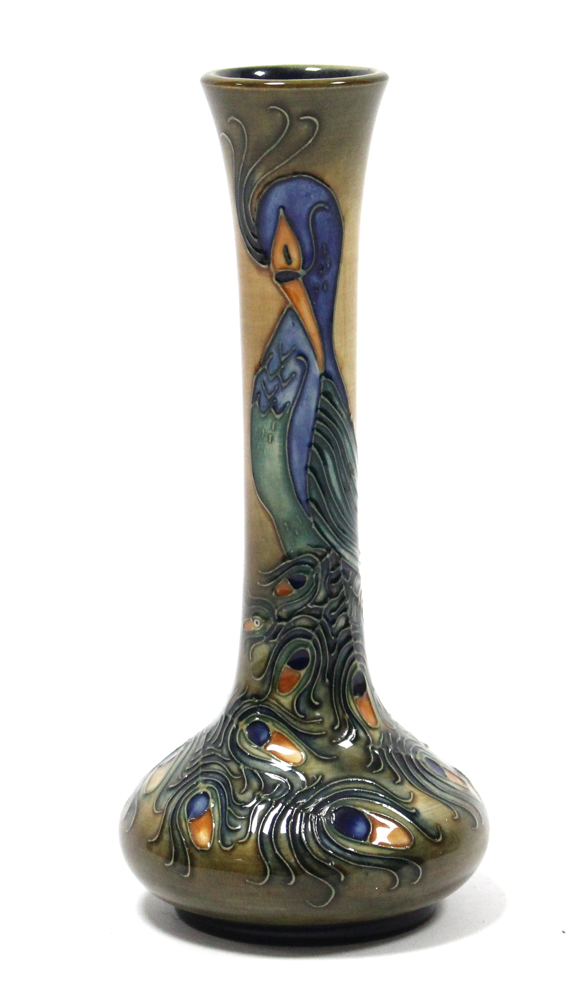 A Moorcroft pottery “Peacock” vase, designed by Rachel Bishop, with tall cylindrical neck on a squat