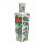 A Chinese famille verte porcelain tall vase of square tapered form, the cylindrical neck with flared
