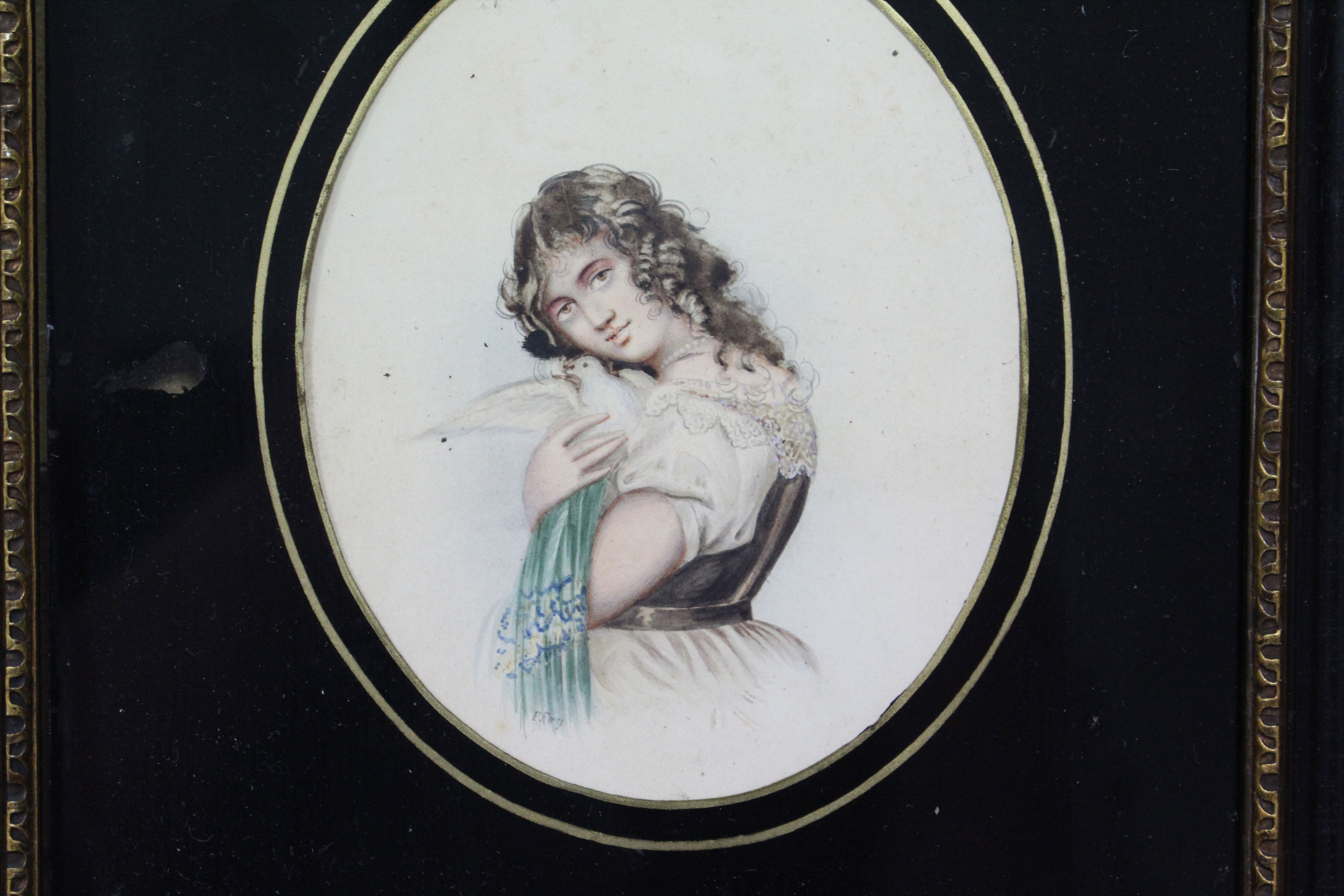 A 19th century portrait of a young lady holding a dove, signed F. Fry, watercolour: 4¾” x 3¾” ( - Image 2 of 3