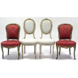 A pair of 19th century French salon chairs, the carved white painted frames with oval backs on