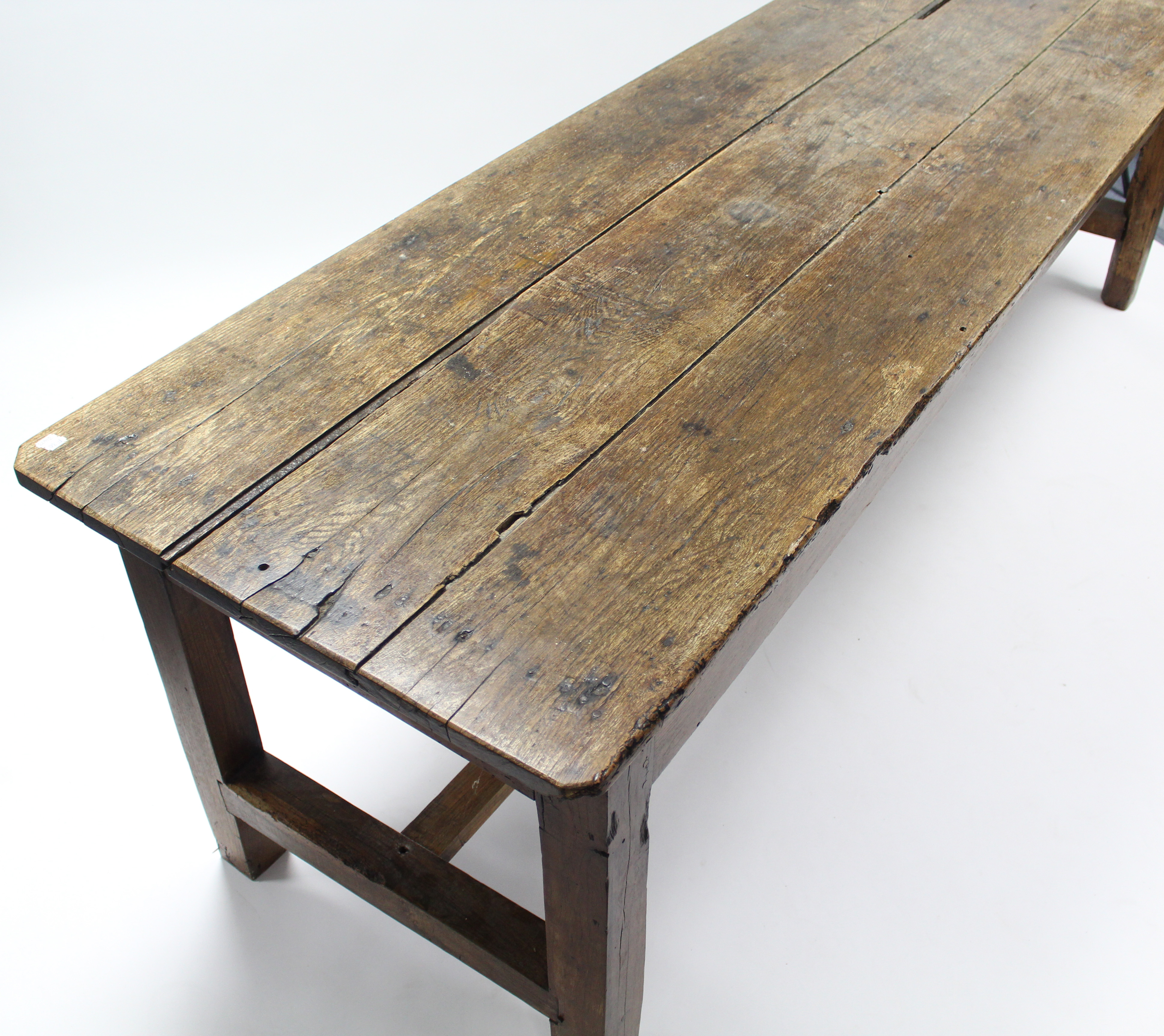 An antique oak farmhouse dining table with three-board rectangular top, on square legs with plain - Image 3 of 5