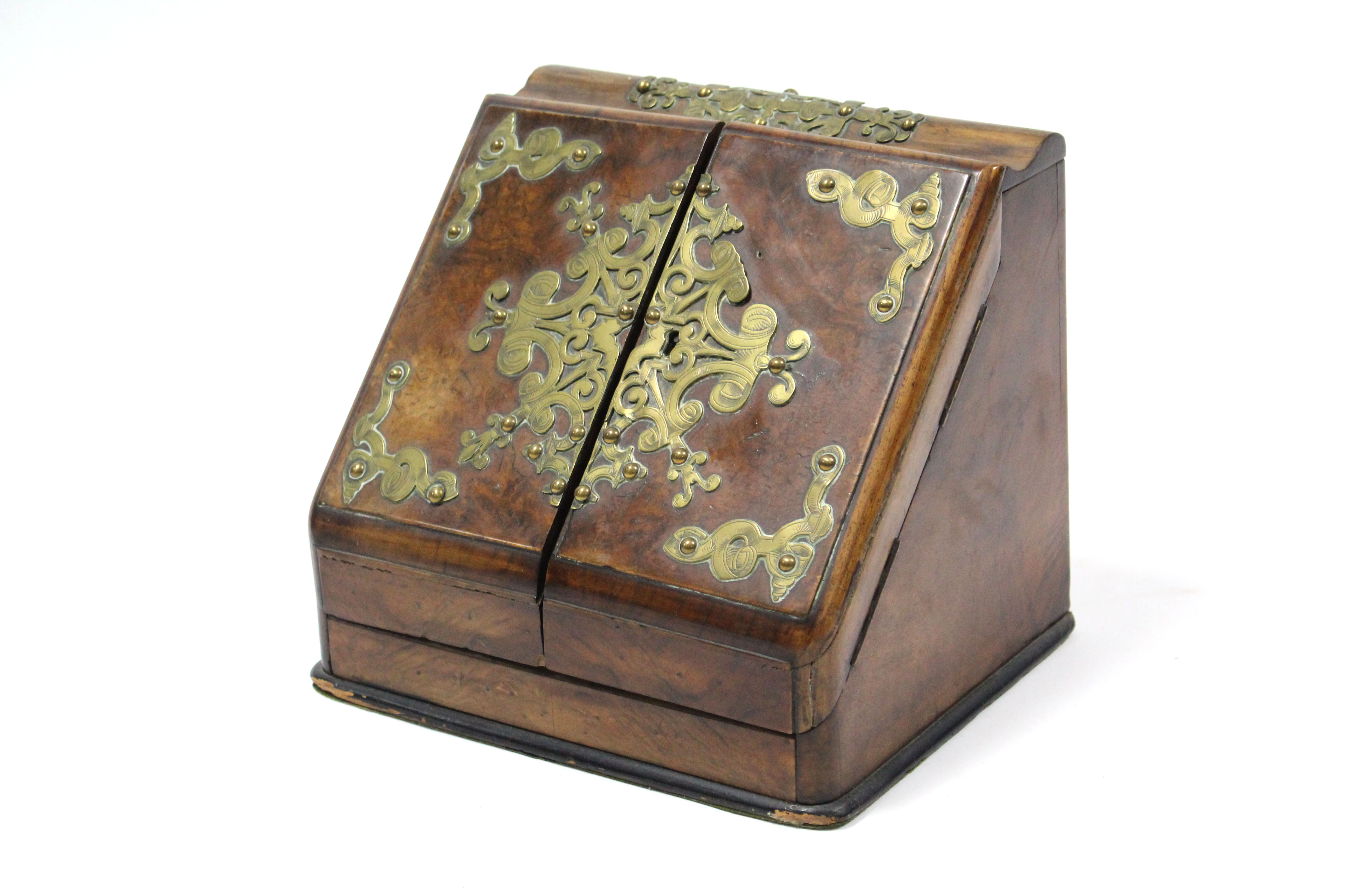 A Victorian burr-walnut stationery cabinet with engraved brass strap-work mounts, the sloping - Image 2 of 2