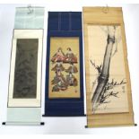Four various Chinese scroll paintings of landscapes, figures on a terrace, & a study of a bamboo