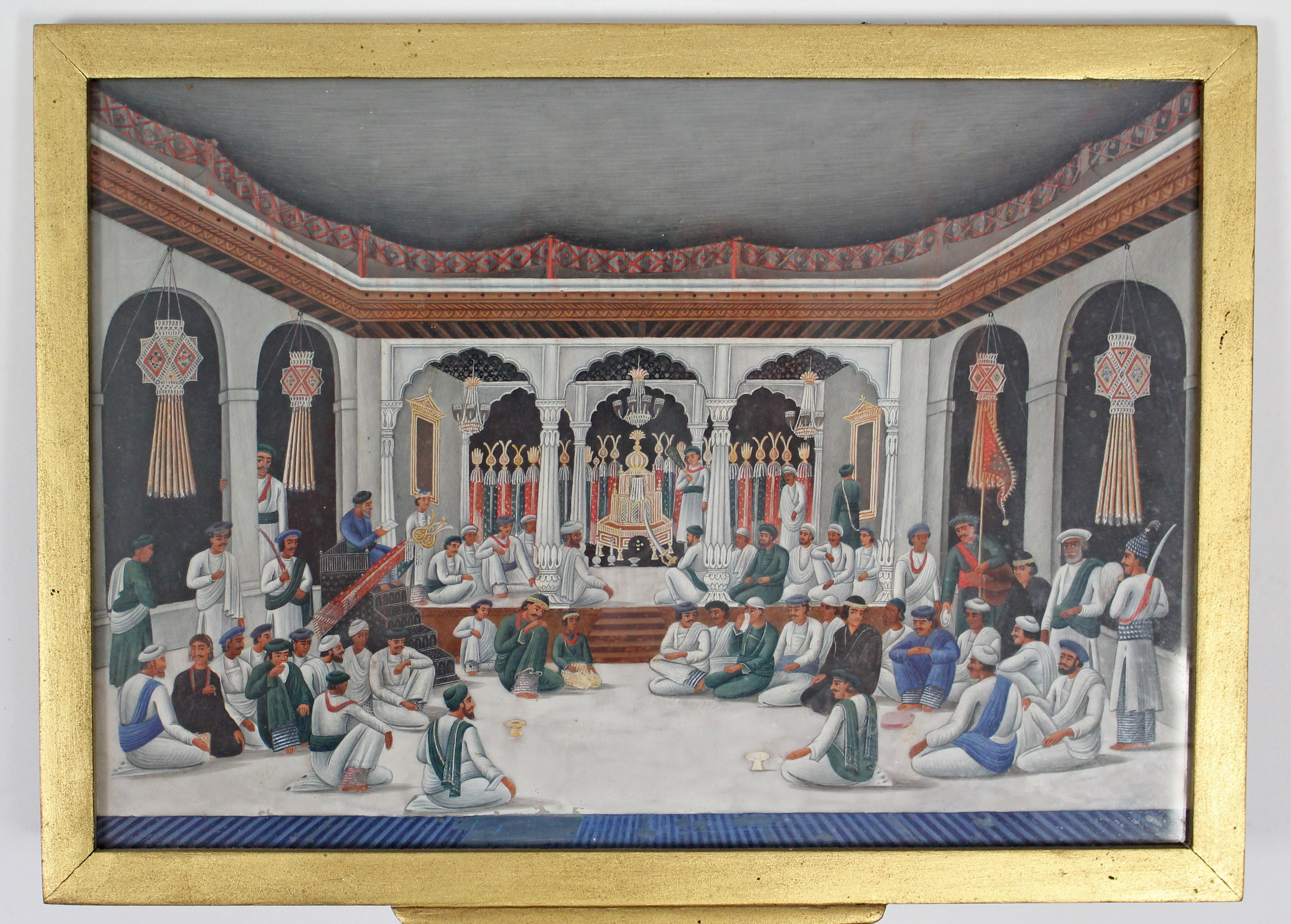 A 19th century Indian gouache painting on Mica of a ceremonial figure group in a temple, 6¾” x - Image 2 of 2