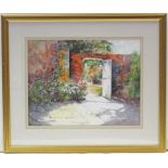 ANN DANGERFIELD (Contemporary). A sun-lit courtyard with flowering shrubs. Signed A.E. Dangerfield