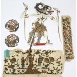 A series of Chinese silk embroidered & metal thread appliques of figures, a dragon, fruit, &