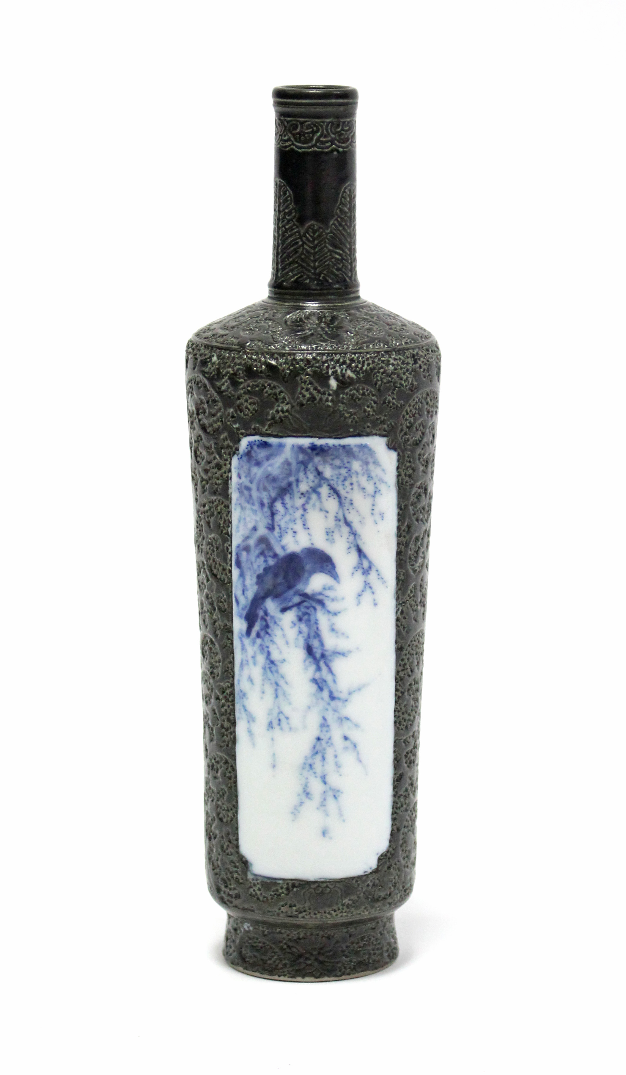 A Chinese porcelain cylindrical vase of slender tapered form with narrow neck, a blue & white