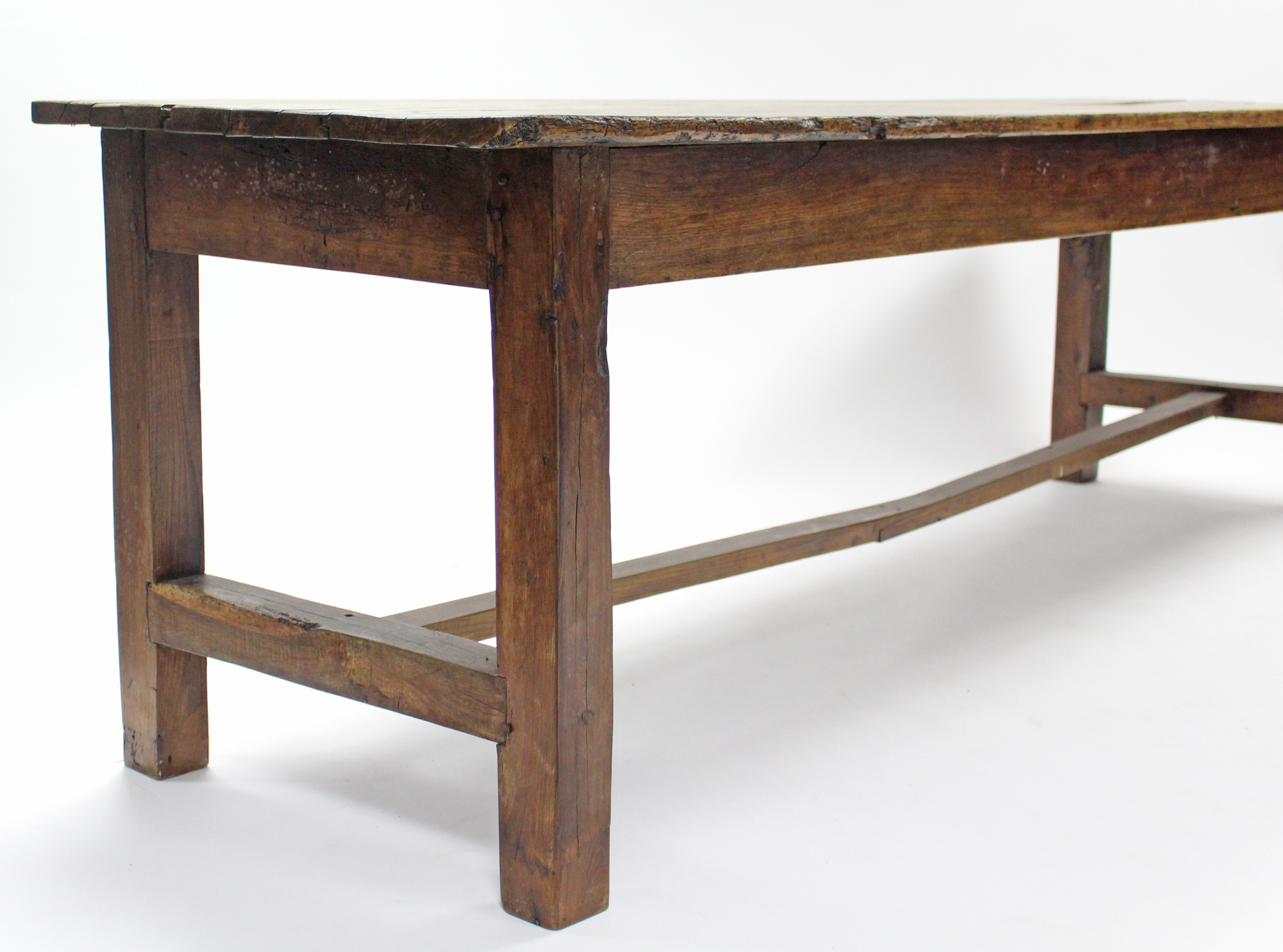 An antique oak farmhouse dining table with three-board rectangular top, on square legs with plain - Image 2 of 5