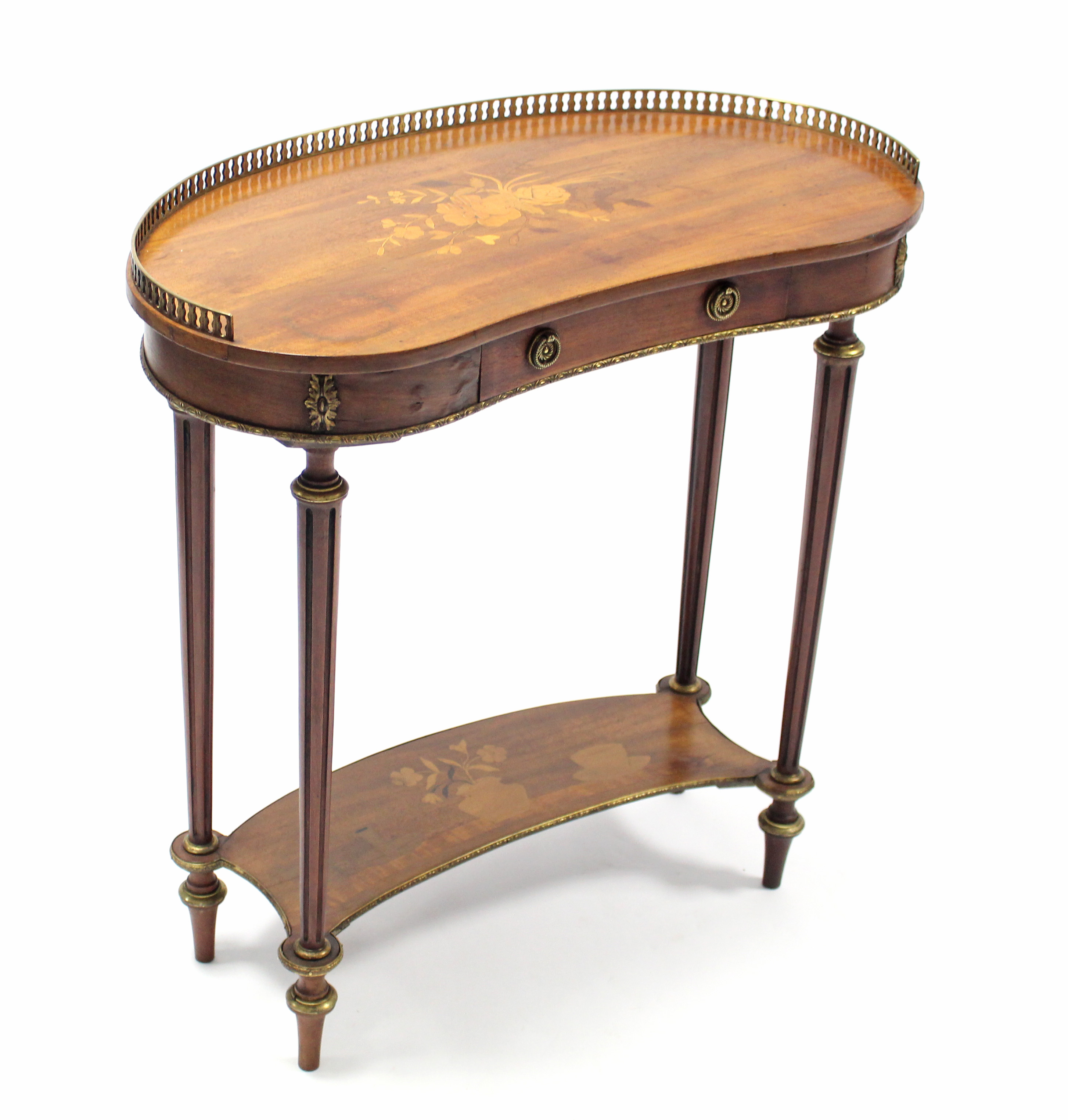 A Louis XVI style mahogany kidney-shaped occasional table with floral marquetry top, brass gallery & - Image 4 of 5