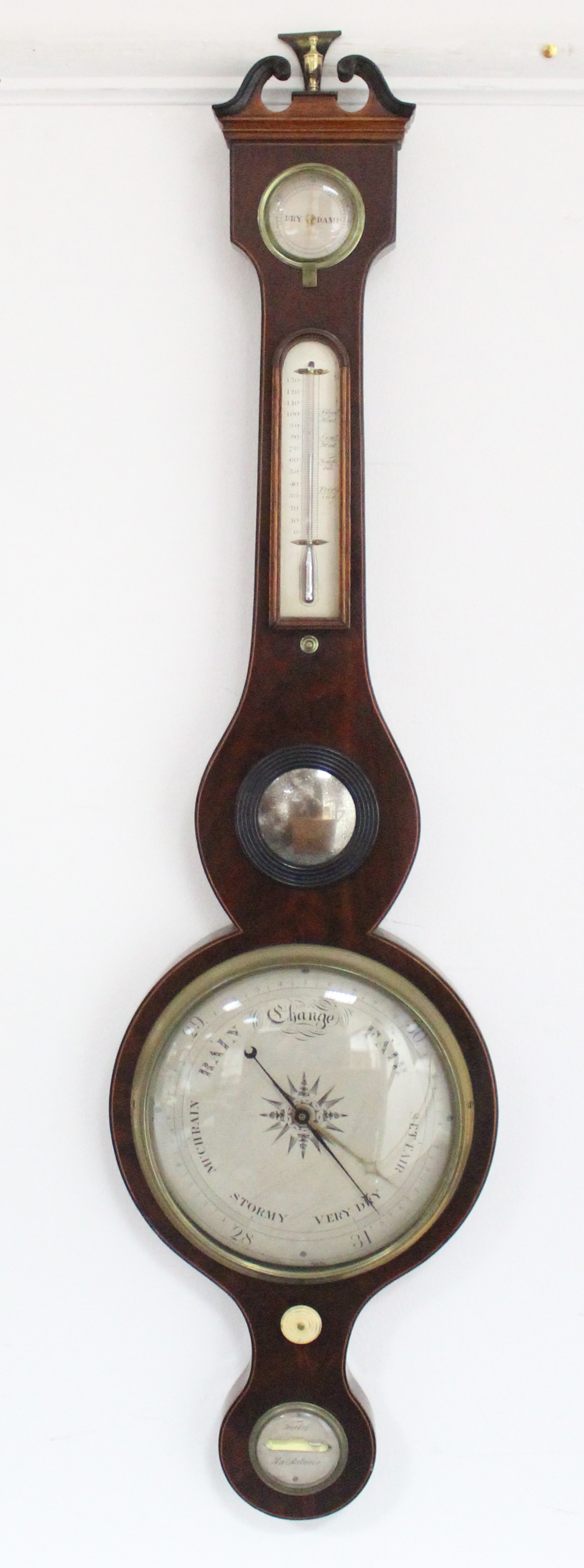 A George III inlaid-mahogany banjo barometer, signed “Tate, Maidstone”, with ivory adjusting knob,