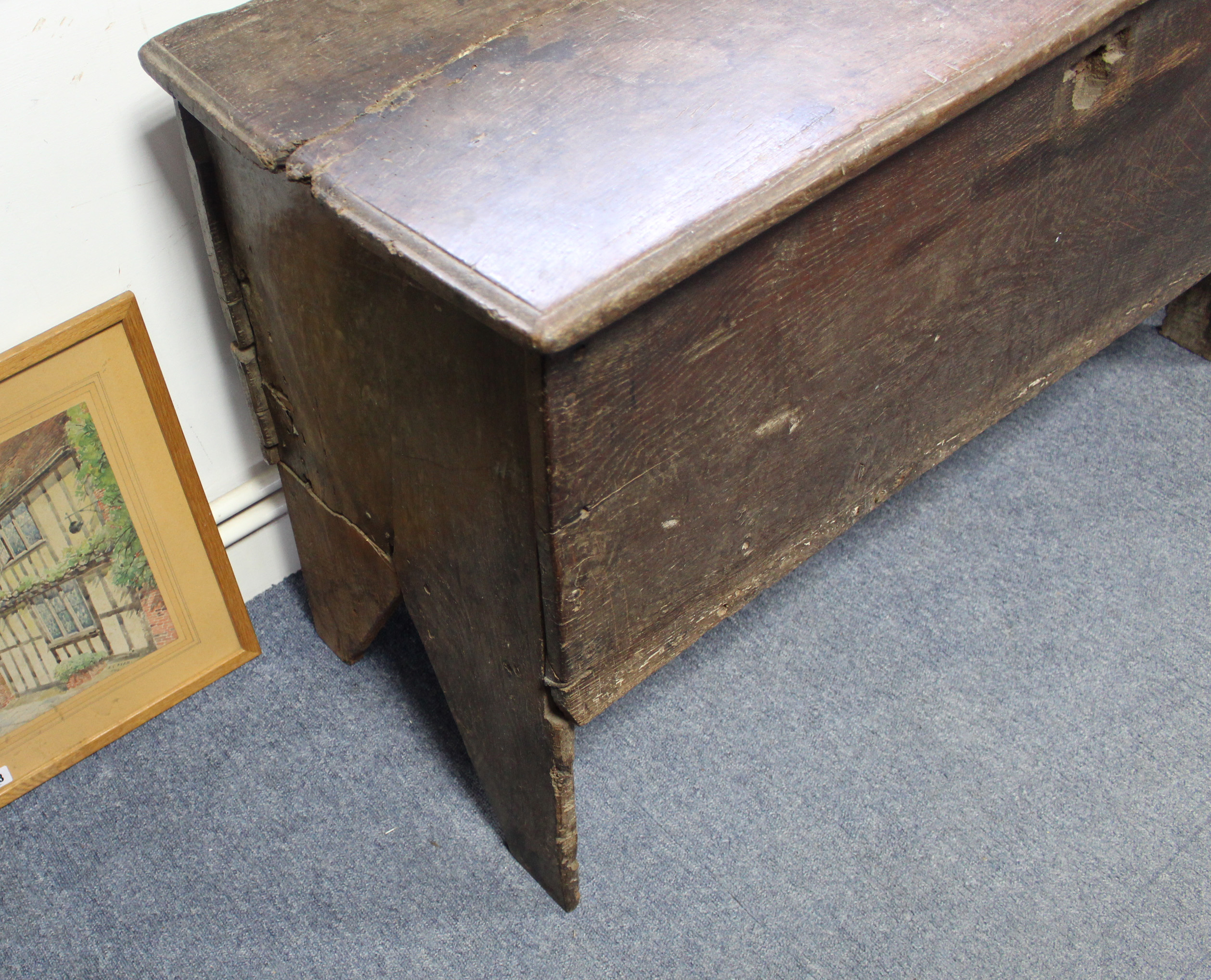 An early 18th century elm coffer of six-plank construction, the lift-lid with moulded edge; 43” wide - Image 3 of 5