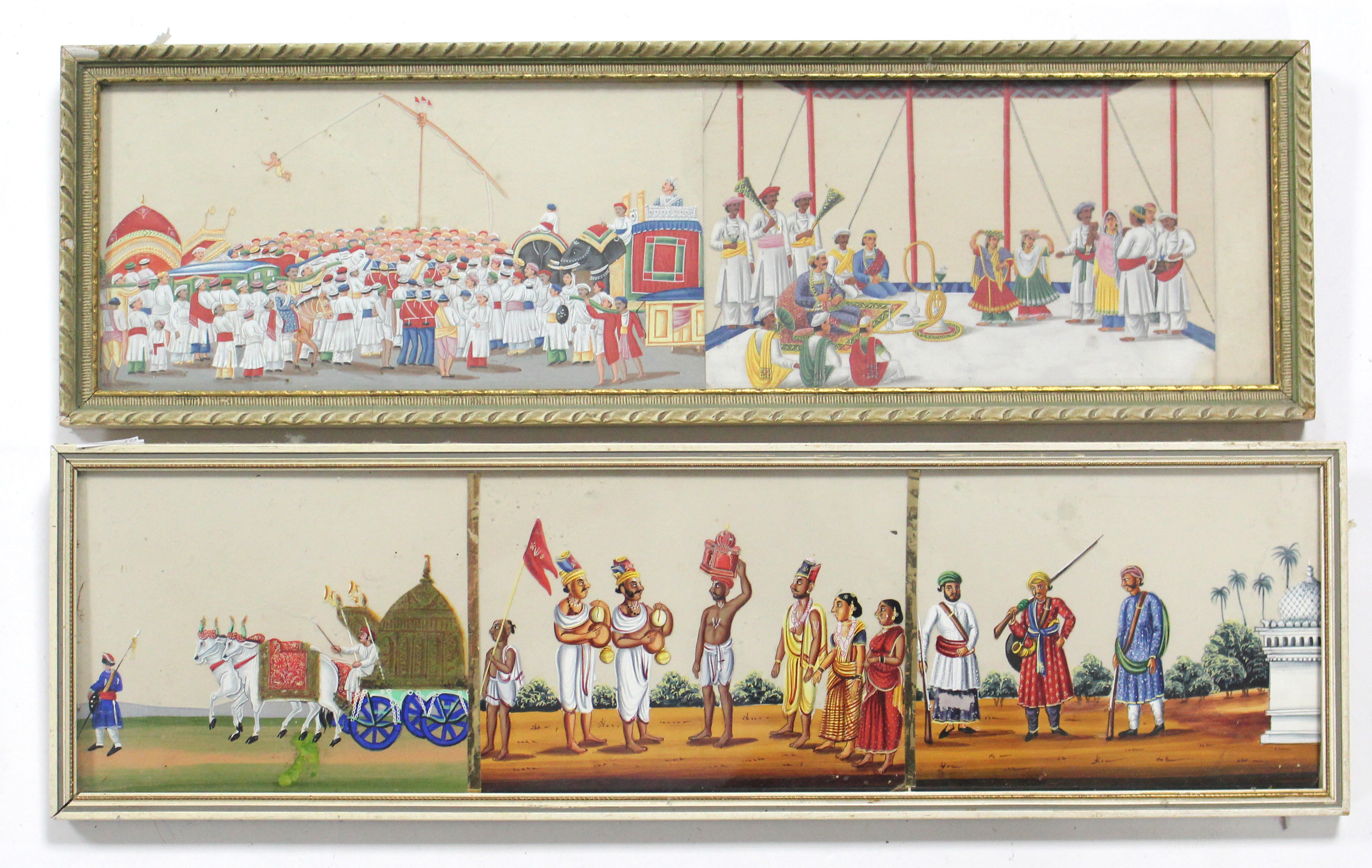 A pair of 19th century Indian gouache paintings on Mica depicting ceremonial figure scenes; each