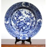 An 18th century Chinese blue & white porcelain large shallow dish painted with pheasants & songbirds