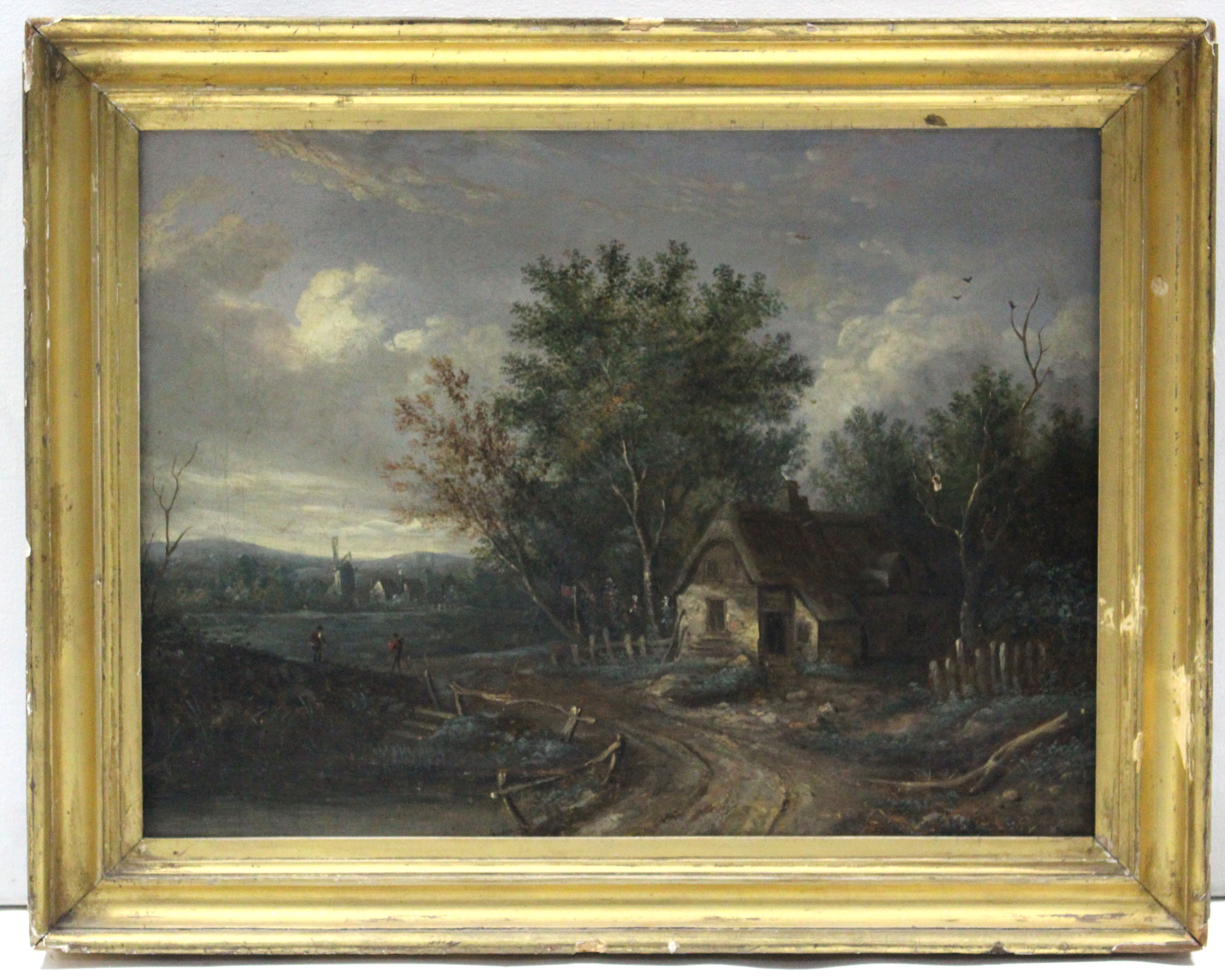 ENGLISH SCHOOL, late 18th century. A rural landscape with a cottage & figures to the fore, a