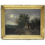 ENGLISH SCHOOL, late 18th century. A rural landscape with a cottage & figures to the fore, a