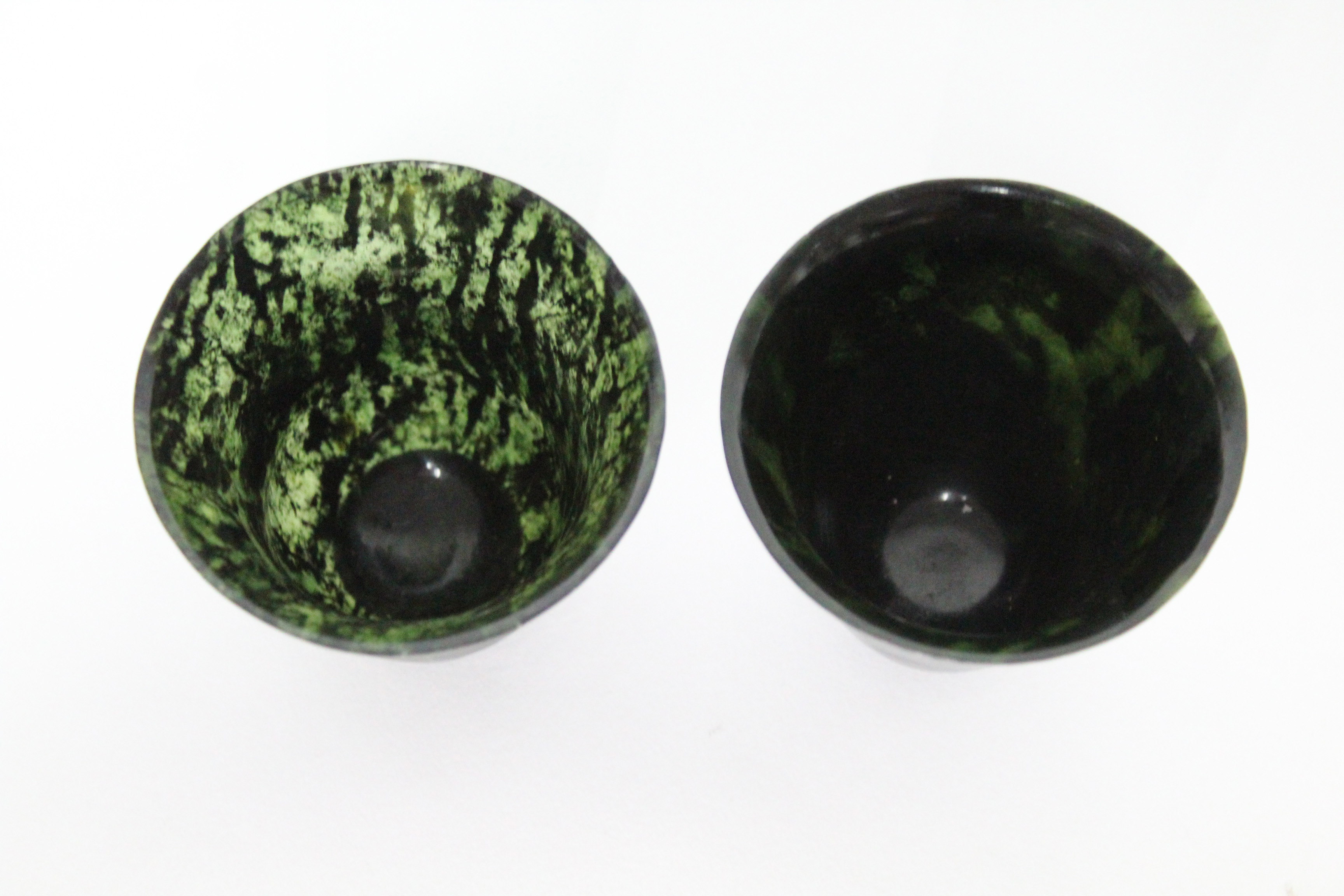 A pair of spinach-green jade beakers with flared rims, each on narrow ring foot; 2¾” high x 3” - Image 2 of 3