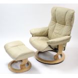 An Ekornes cream leather reclining & swivel armchair; & a ditto footstool.