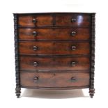 A VICTORIAN MAHOGANY BOW-FRONT CHEST, fitted two short & four long graduated drawers with turned