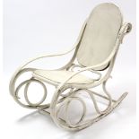 A white painted Bentwood rocking chair; together with three white painted kitchen chairs.