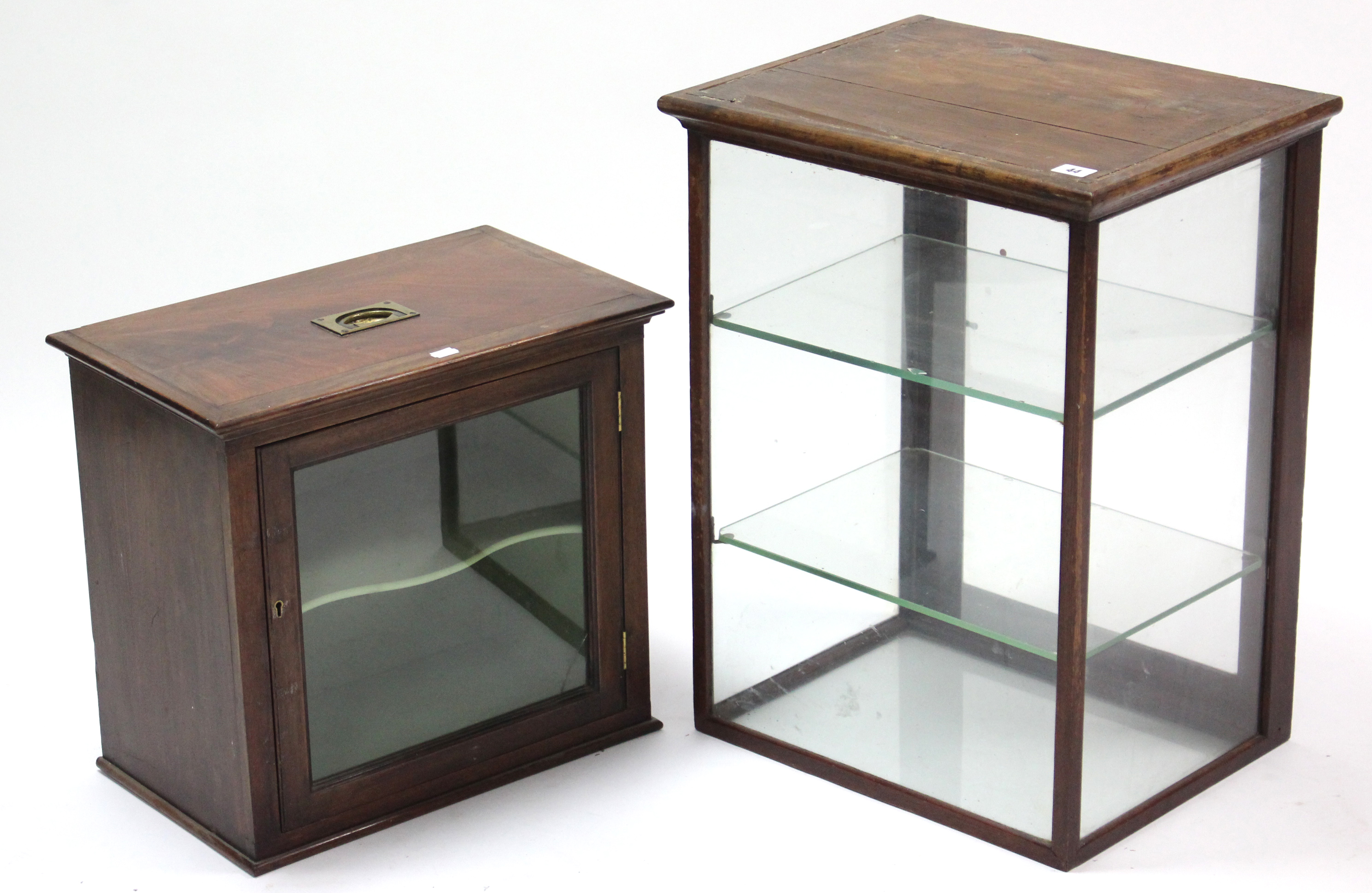 A mahogany & pine counter-top display cabinet, fitted two plate-glass shelves enclosed by glazed
