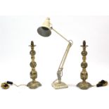 A Herbert Terry & Sons of Redditch anglepoise desk lamp; & a pair of brass table lamps.