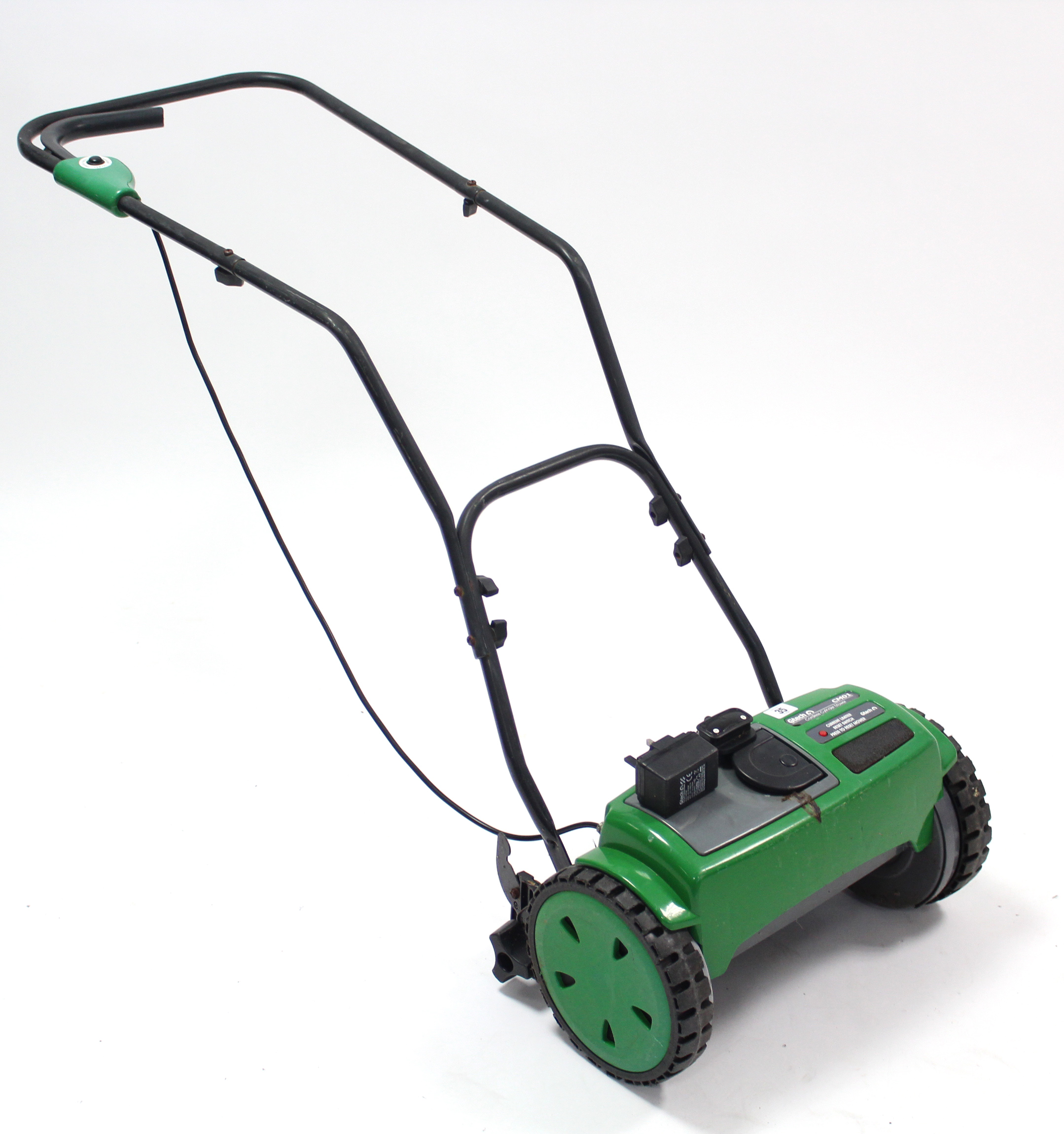 A G-tech “CM01” cordless cylinder mower, lacking grass box.