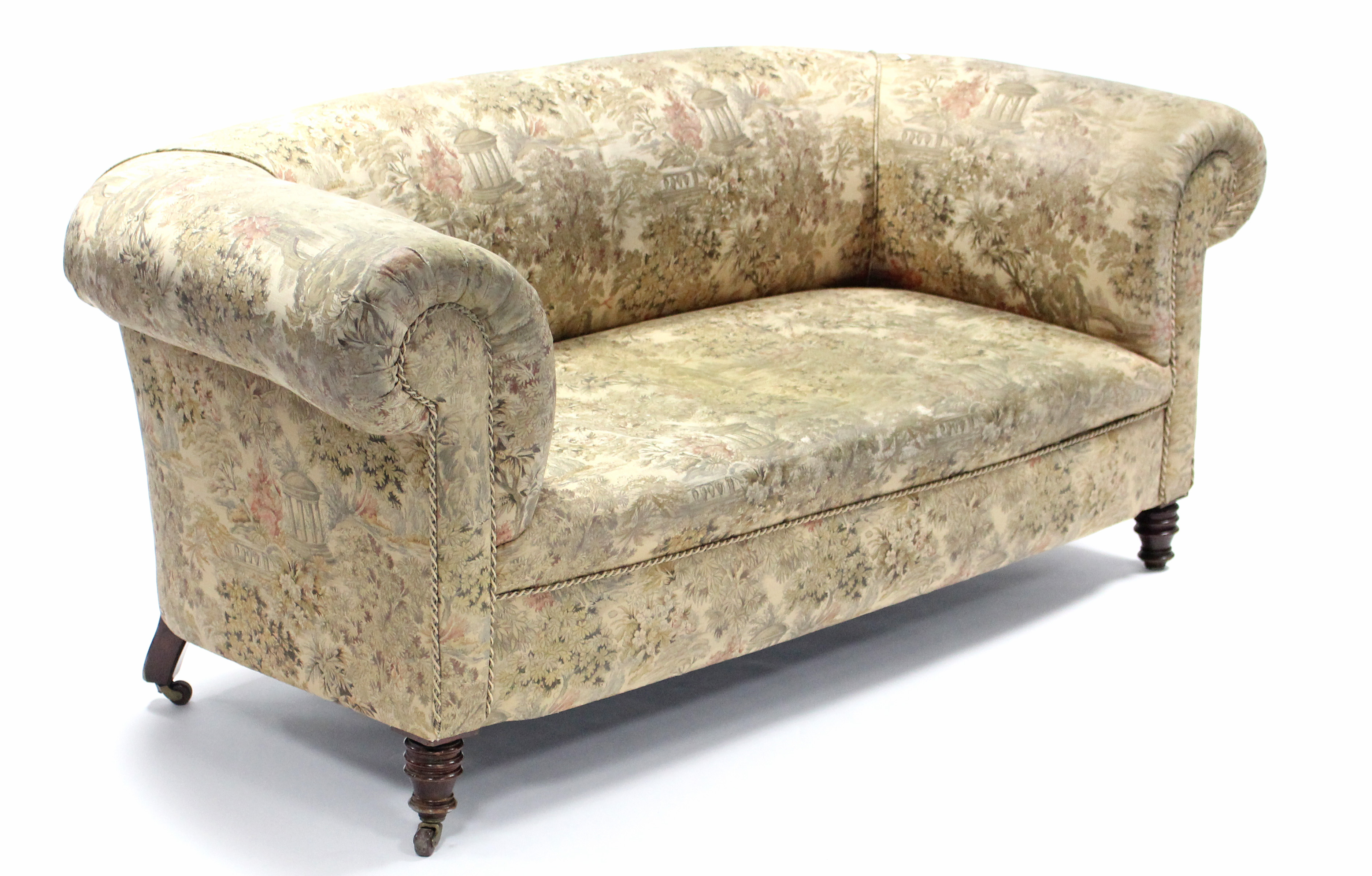A Victorian chesterfield-style sofa & matching armchair, each upholstered printed material with - Image 2 of 6