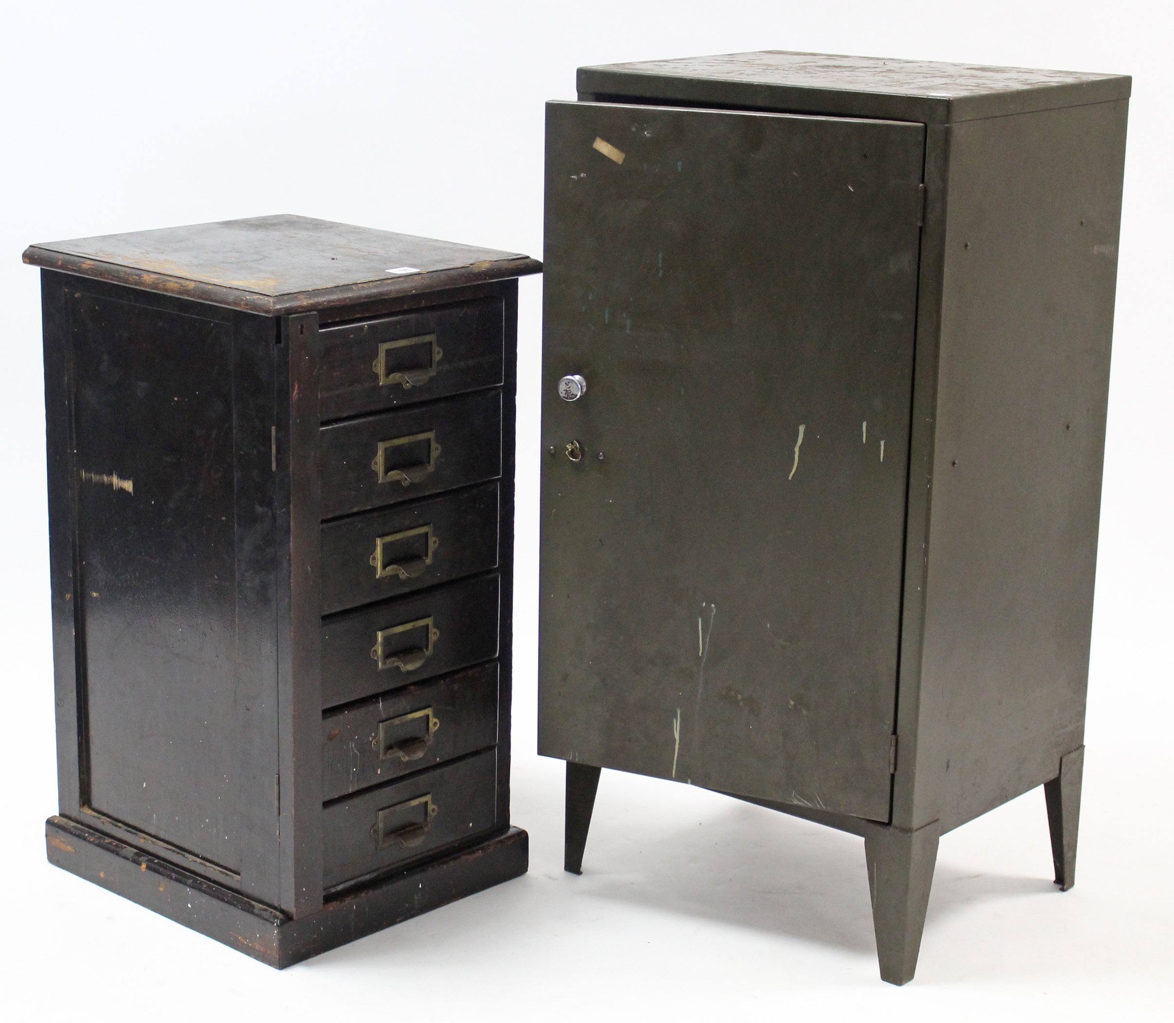 A painted wooden office chest fitted six long drawers, & on plinth base, 15¼” wide x 28” high; & a