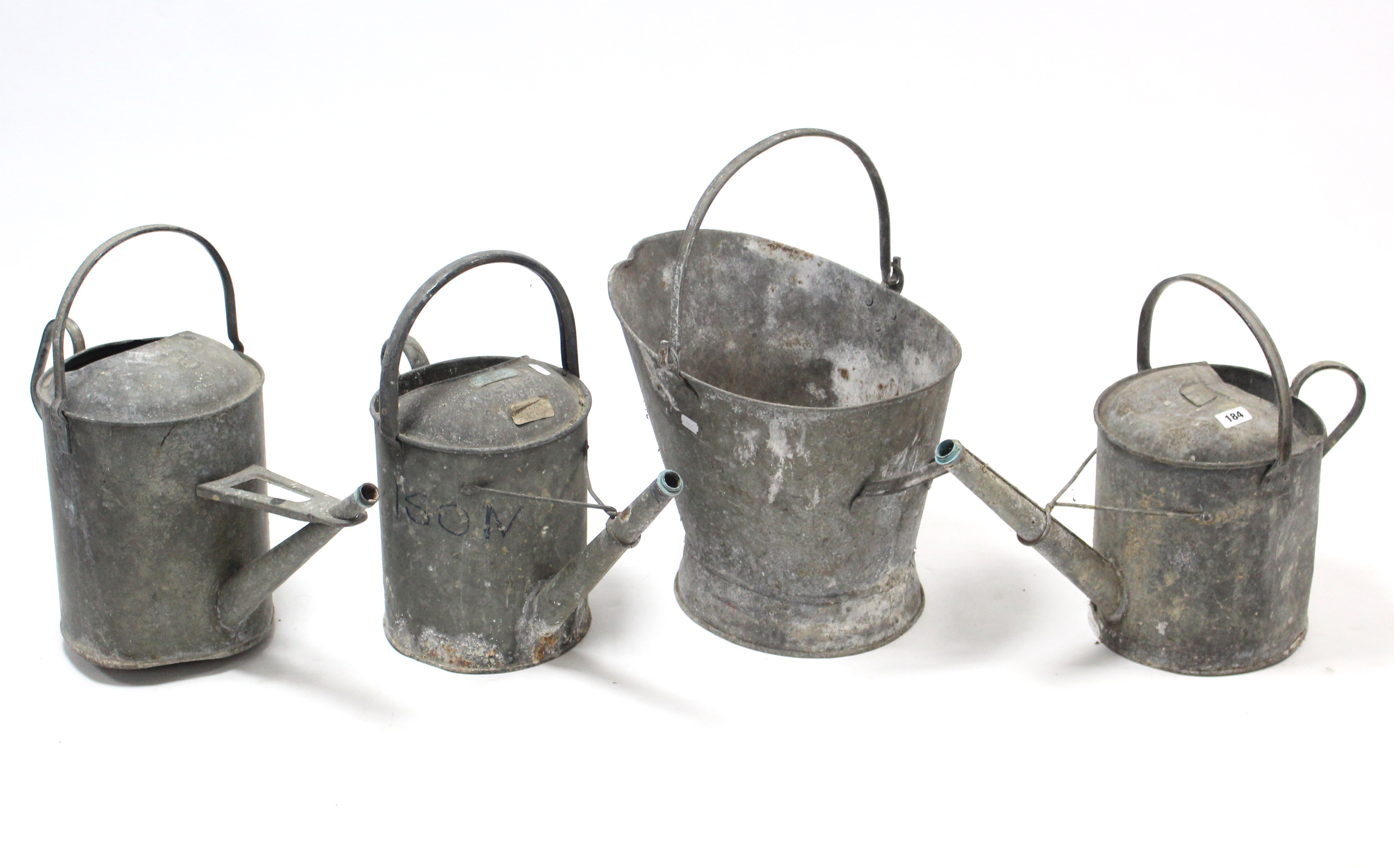 Three galvanised-metal oval watering cans; & a ditto coal scuttle