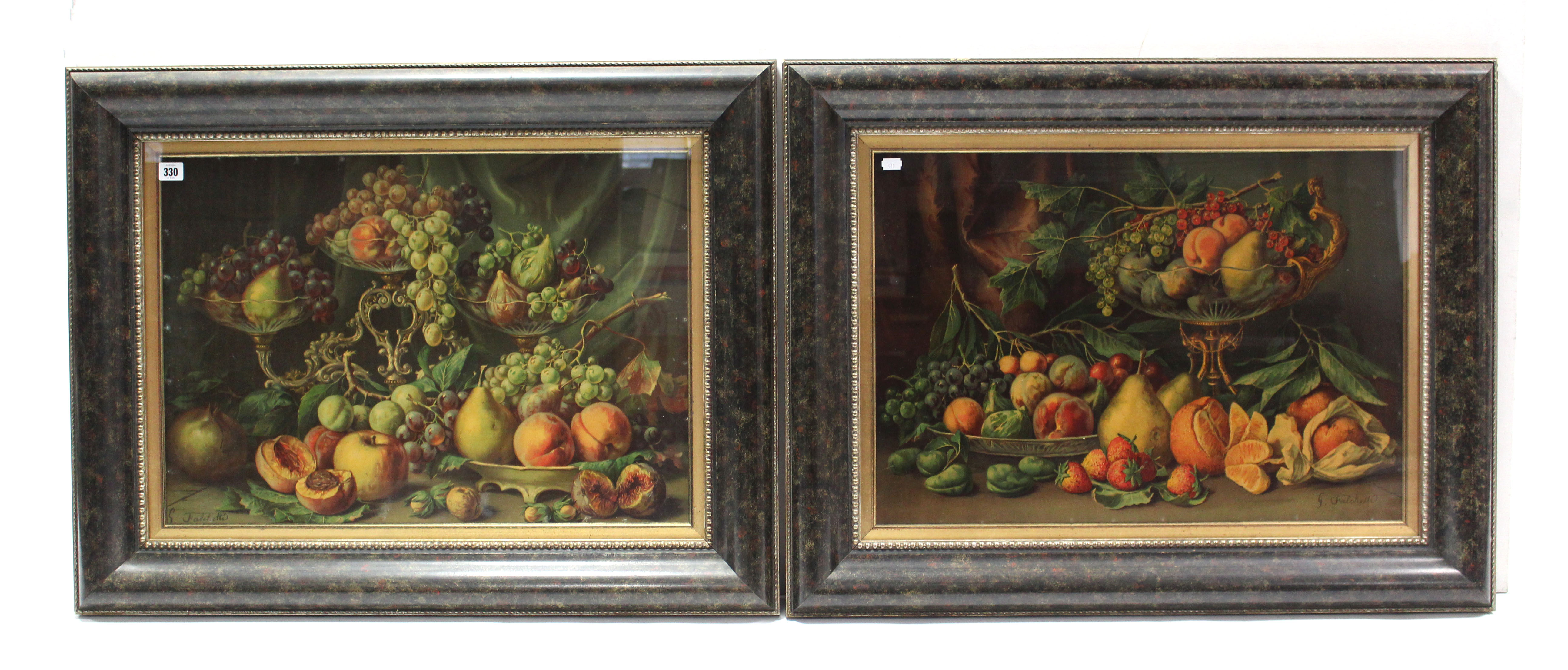 A pair of coloured prints after G. Falchetti – still life studies of fruit,18” x 25¾”, in matching