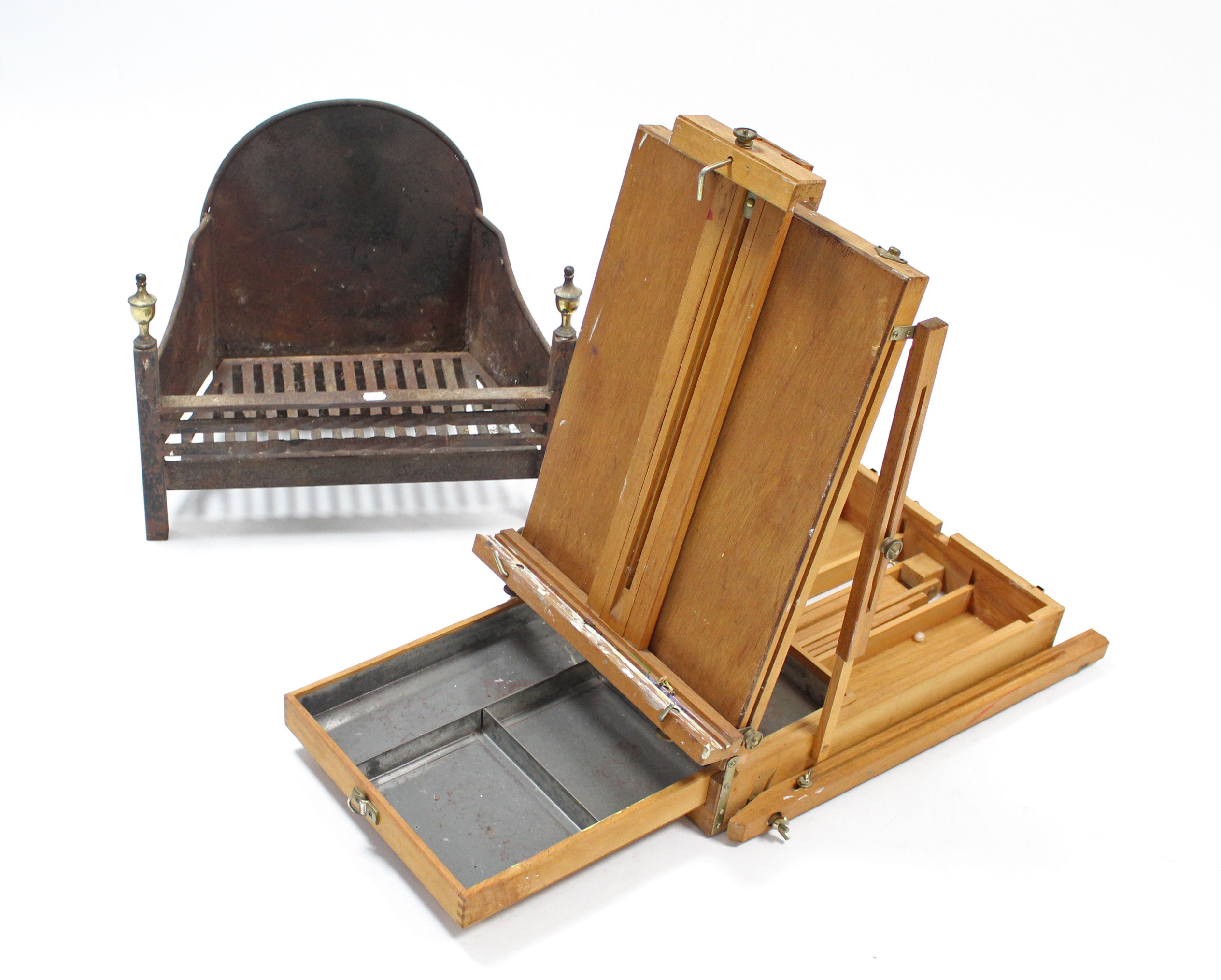 An artist’s portable easel/paint box, 15¾” wide; & a cast-iron fire grate, 19” wide. - Image 3 of 3