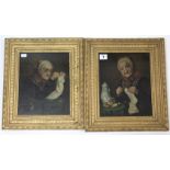 A pair of Victorian coloured prints each depicting an elderly lady knitting, 10¼” x 8¼”, in matching