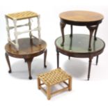 Three circular coffee tables; two string-seat stools; & a set of four tubularmetal fold-away