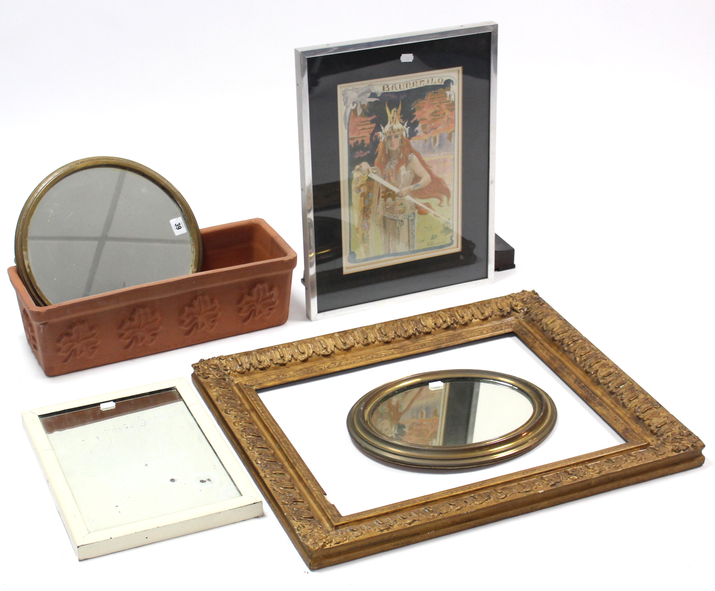 A gilt frame circular wall mirror, 13¼” diam.; an oval wall mirror; a gilt picture frame; a