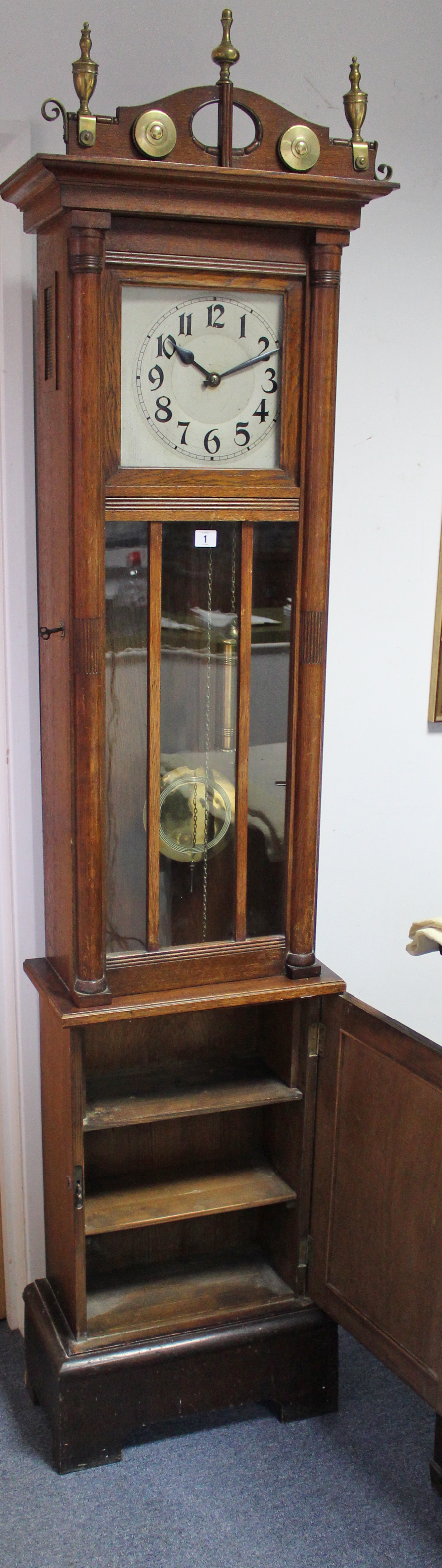 A mid-20th century grandfather clock with silvered dial, & in oak case enclosed by glazed door, - Image 2 of 5