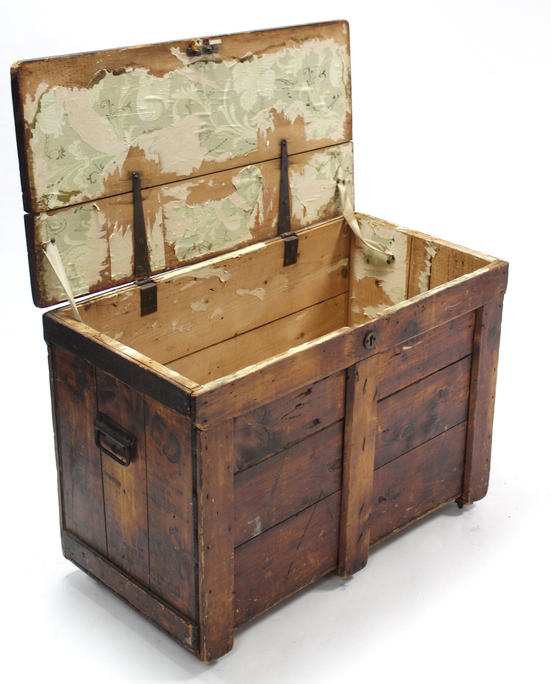 A deal storage trunk with hinged lift-lid, & with wrought-iron side handles, 34¼” wide x 24” high. - Image 2 of 3