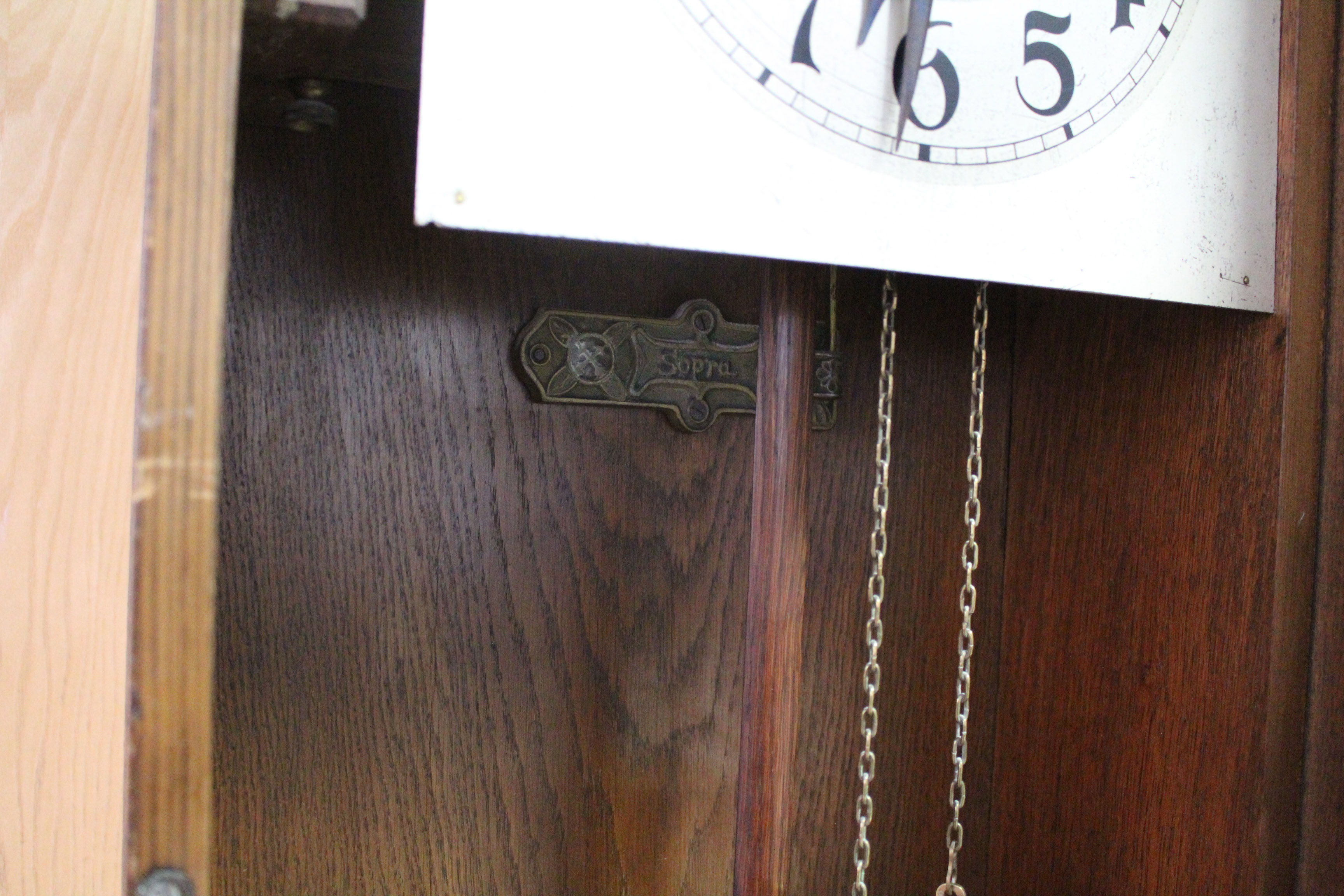 A mid-20th century grandfather clock with silvered dial, & in oak case enclosed by glazed door, - Image 4 of 5