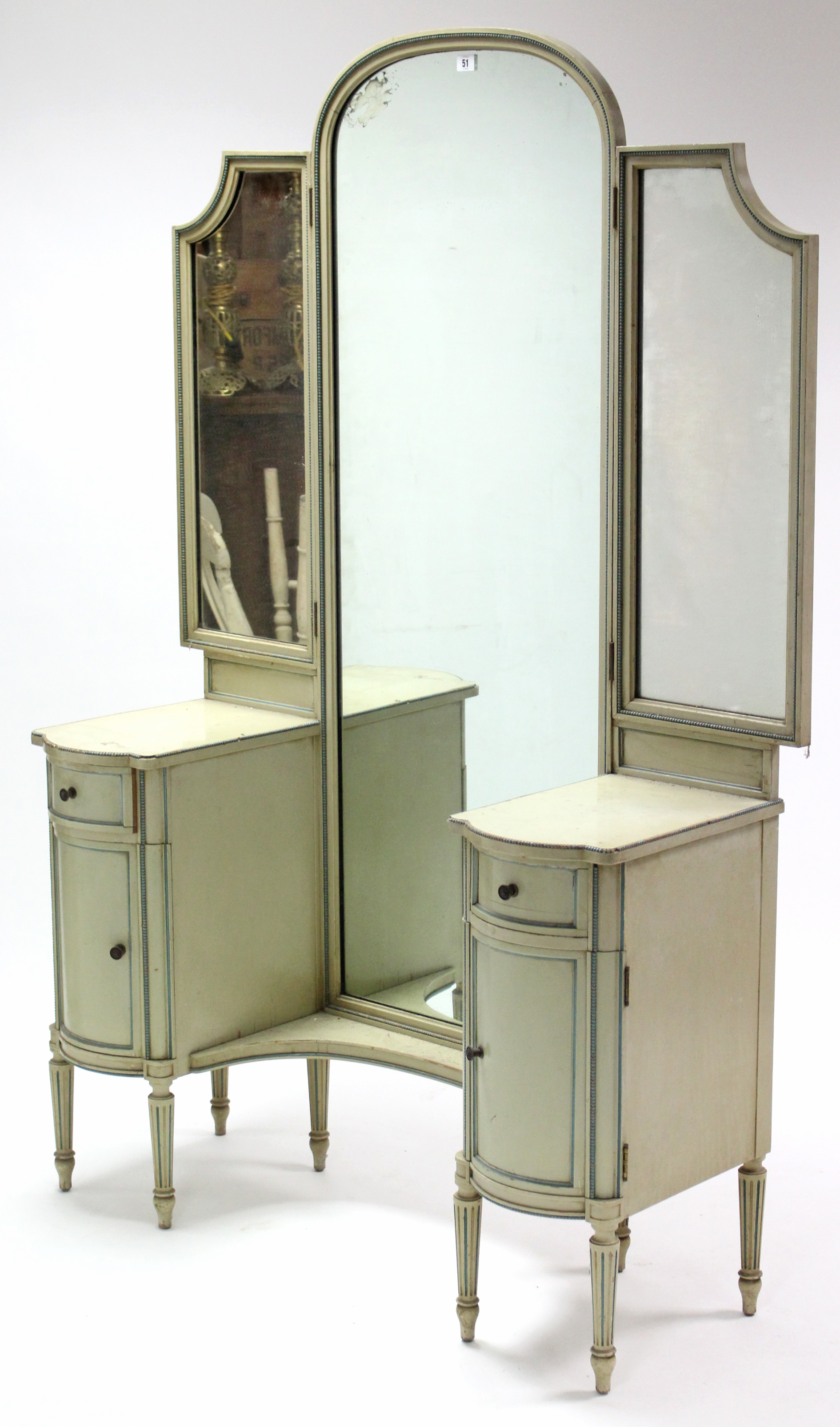 A late 19th/early 20th century continental pale green painted pedestal dressing table with triple-