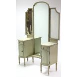 A late 19th/early 20th century continental pale green painted pedestal dressing table with triple-